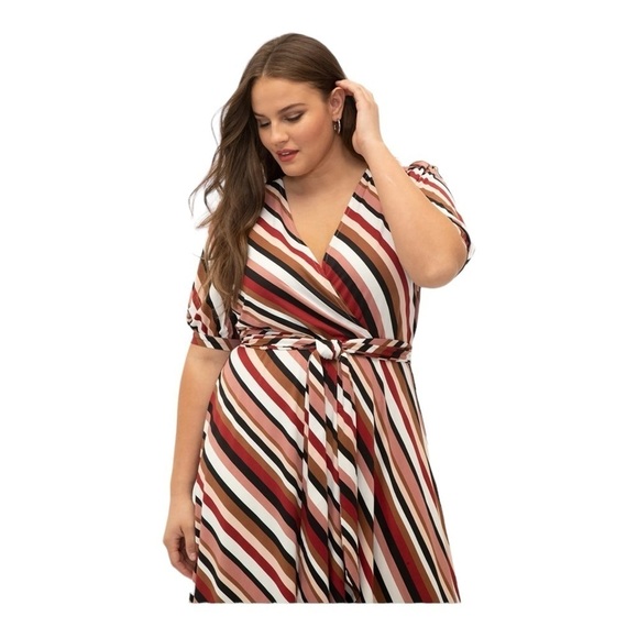 ELOQUII Red Brown Striped Short Sleeve Tie Waist Midi Dress Size 14 Plus Size - Picture 4 of 7